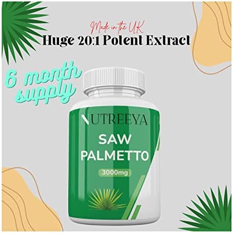 Nutreeya Saw Palmetto 3000mg -Vegan Tablets 6 Month Supply UK Manufactured Super Strength 20:1 Extract, White, 180 Count (Pack of 1)