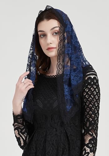 FANFAN Triangle Veil Triangle Chapel Veil Lace Bridal Veil Funeral Veils for Women Lace Head Covering Y021 (Navy)