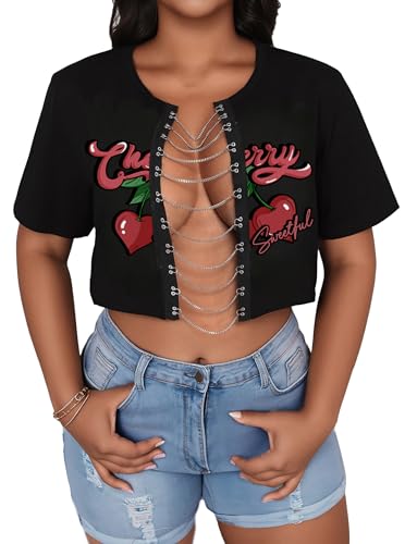 Hilinker Women's Sexy Graphic Crop Tops Summer Cut Out Chain