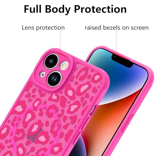 Image of KANGHAR Case for iPhone 14 Plus Hot Pink Leopard Printed Pattern | Cute Cheetah [Compatible with Magsafe] Protective Magnetic Case for Girls Women 6.7 inch
