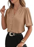 Picture of EVALESS Button Down Shirts for Women Business Casual Pleated V Neck Dressy Tops Short Sleeve Work Blouses Spring Summer Outfit Parchment M