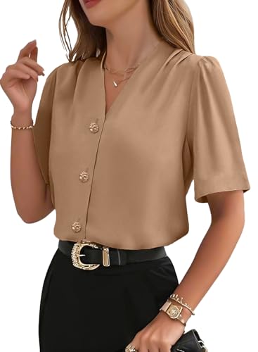 EVALESS Button Down Shirts for Women Business Casual Pleated V Neck Dressy Tops Short Sleeve Work Blouses Spring Summer Outfit Parchment L