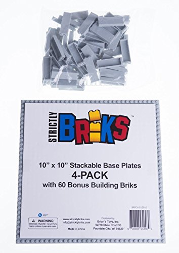 Strictly Briks Classic Baseplates 10" X 10" Brik Tower 100% Compatible With All Major Brands | Building Bricks For Towers And More | 4 Light Gray Stackable Base Plates & 30 Stackers #TOP7