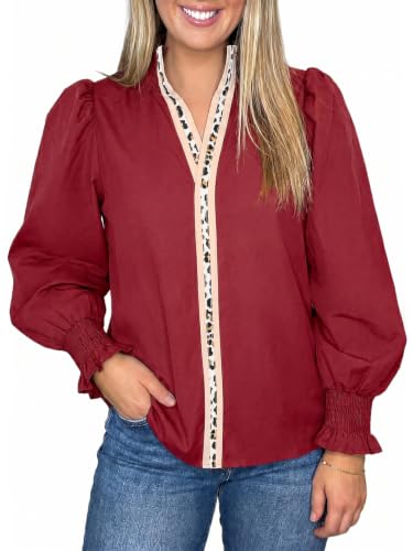 Tankaneo Womens Puff Long Sleeve Blouses Dressy Casual Smocked V Neck Tops