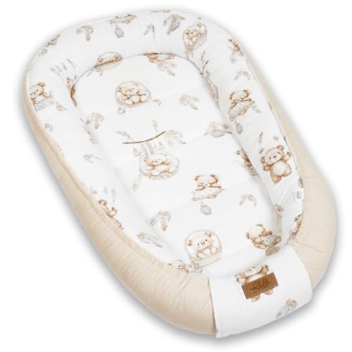 PaLulli® Nido de bebé extra grande 100x60 cm de algodón | Nido de osos suave de dos lados para bebés | Hecho a mano, transpirable y seguro (Oso Beige)