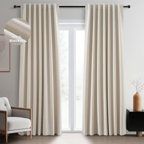 Topfinel Floor to Ceiling Curtains Drapery 108 Inches Long Black Out for Track System with Hooks and Rings, Cream Tan 2 Panel Set Back Tab Pleat Drapes for Track System Living Room 9 FT Length