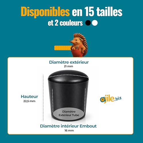 Ajile - Lot de 16 Embouts Pied de Chaise Rond 16 mm - Protection Pied De Chaise Thermoplastique Flexible Noir À Coiffer sur Tube Rond - Anti-Rayure, Anti-Bruit - Mobilier Maison & Pro – vue 6