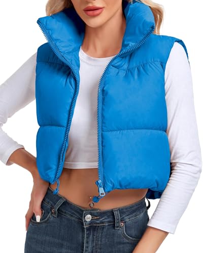 HOODED PUFF VEST、スリットスカート ブルー Cityork Womens Winter Cropped Puffer Vest High Stand Collar