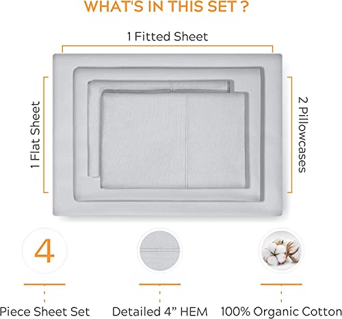 Sleep Mantra 100% Organic Cotton Bed Sheet Set - Crisp And Cooling Percale Weave, Soft Breathable, Eco-Friendly, 4 Piece Bedding Set, Deep Pocket With All-Around Elastic, (Queen, Light Gray) #TOP3