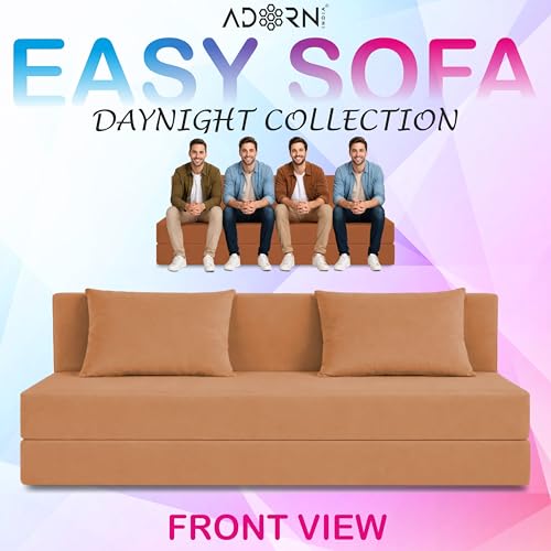 Adorn India Easy 4 Seater Sofa Cum Bed | Velvet Fabric | Tan | Plain Design | 6x6 Ft | Comfortable Seating | Washable Cover | Perfect for Home & Office - image 2