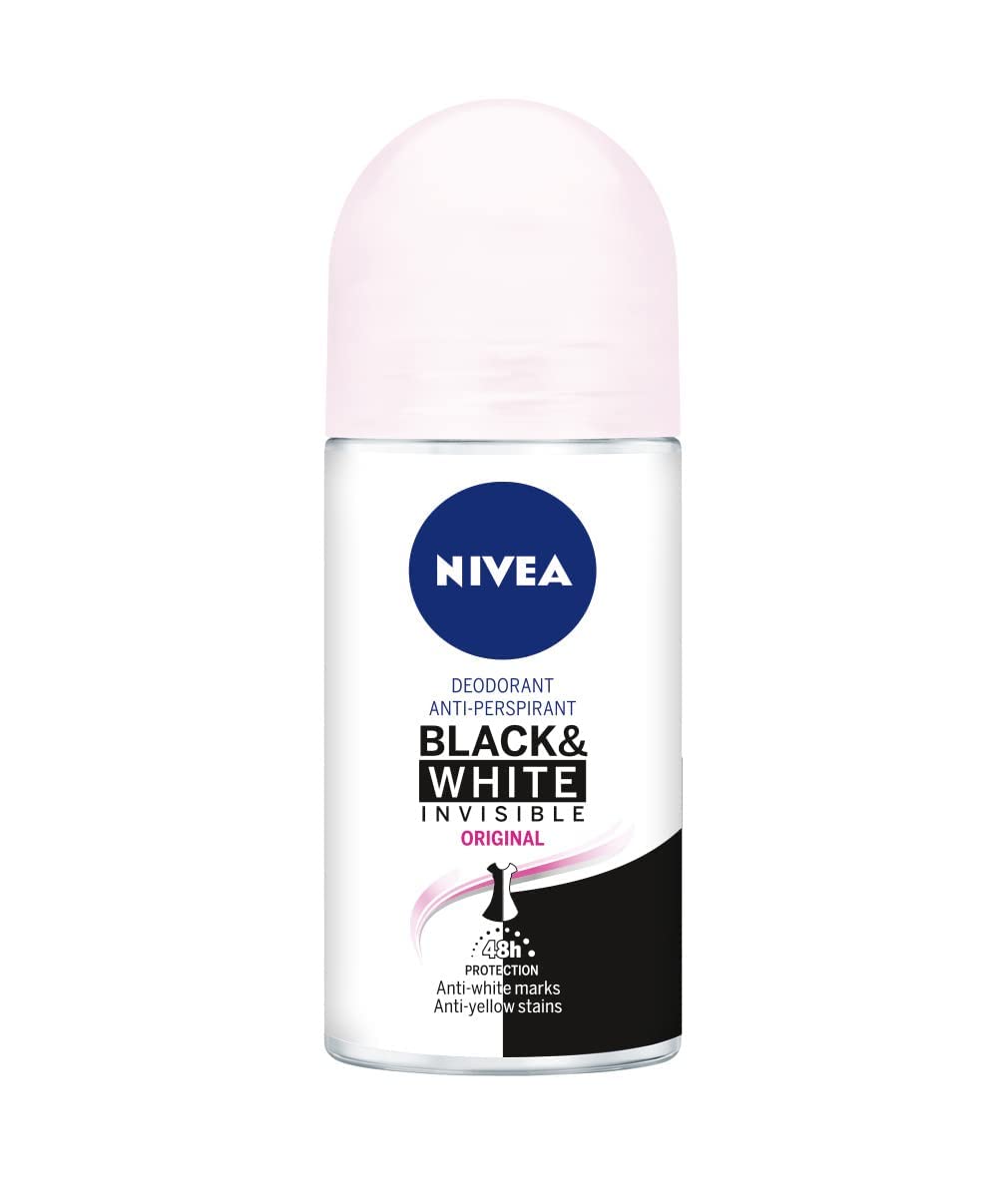 NIVEA Black & White Invisible Original Lot de 6 flacons de 6 flacons de 50 ml anti-transpirants pour peau douce avec parfum, déodorant roll-on pour protéger les vêtements