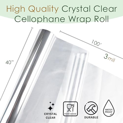 Craft And Party Clear Cellophane Wrap Roll, 40" X 100ft Cellophane, Gift Wrap Roll - Not Folded