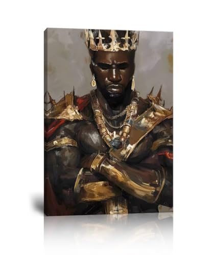 African King Wall Art African American Wall Art Afro King Crowns Portrait Artwork Picture Abstract Canvas Prints Painting Framed for Living Room Bedroom Home Decor Framed(28''W x 44''H)