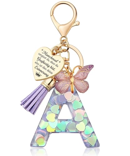 geschenk mädchen 6 jahre Schlüsselanhänger Mädchen - Buchstabe Schlüssel - Anhänger Schmetterling Schlüsselanhänger - Weihnachten - Einschulung Geschenk Keychain Geschenk für Kinder, Mädchen, Frauen-A