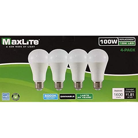 Maxlite LED Dimmable 4 Pack A19 Bulb 100W Daylight 5000K, White Cover