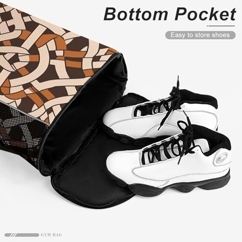 Waterproof Drawstring Gym Backpack with Shoe Compartment & Wet-Proof Pocket - Lightweight 28L Brown Geometric Pattern Sports Backpack Travel Workout String Bag for Yoga Swim4