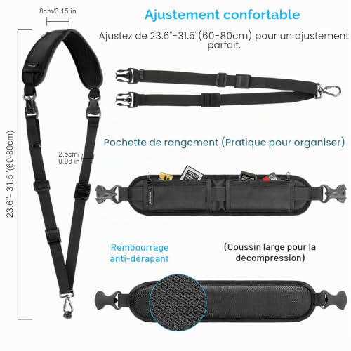 Arvok Sangle Appareil Photo pour les photographes, courroie de cou d'appareil photo avec libération rapide et attache de sécurité, réglable pour Nikon Canon Sony Fuji DSLR Camera(Noir) – vue 5