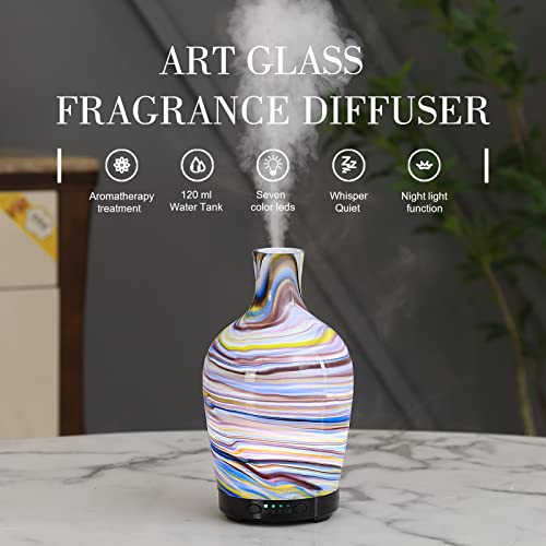 Toleker Essential Oil Diffuser Aromatherapy Ultrasonic Humidifier Art Glass With 7 Colors Lights Changing, Waterless Auto Shutdown, 4 Time Setting For Home Office Room 120Ml (Color Stripe) #TOP4
