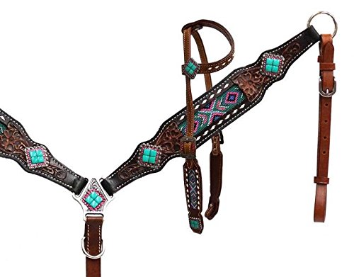 Showman Medium Oil Leather Headstall & Breastcollar Set with Teal Blue Beaded Inlay