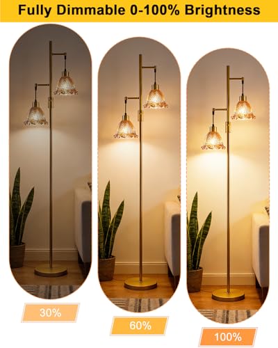 Image of Lightdot 2- Light Gold Flower Floor Lamp for Living Room, 65IN Dimmable Floor Lamps with Amber Glass Shade& Warm White Bulbs, Modern Standing Tall Lamp with 5Lbs Heavy Base for Bedroom Home Office