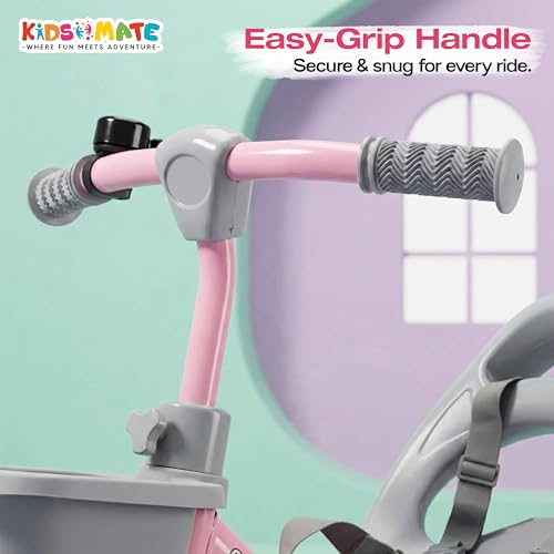 Image of Kidsmate Junior Tricycle for Kids with Parental Control | Cycle for Kids 1-4 Years | Baby Cycle | Bicycle with Storage Basket, Cushion Seat and Seat Belt Carrying Capacity 30 Kgs (Pink-Grey)