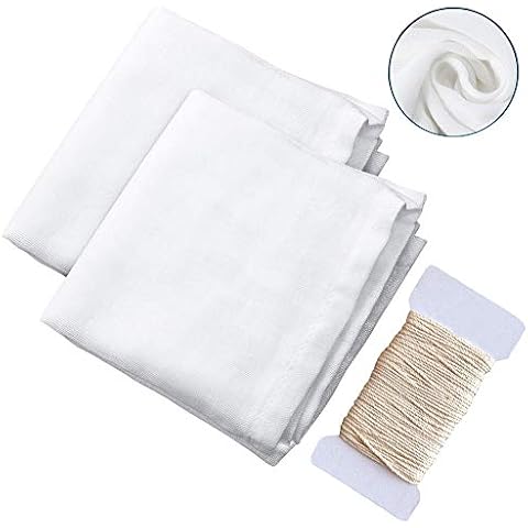 2 Pack Muslin Cloths for Straining Filtering Fruit Jam Butter Wine Beer Milk Filter Soft Square Pure Cotton Cheese Cloth with Cooking Twine, 50 x 50 cm Cover