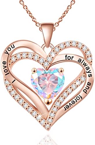 Beauyist Love Heart Birthstone Necklaces for Women & Girls, Engraved I Love You Pendant Necklace Zirconia Diamond, Anniversary Birthday Mother's Day Jewelry Gifts for Wife/Girlfriend/Mother/Her, 18K Rose gold-Rainbow AB color