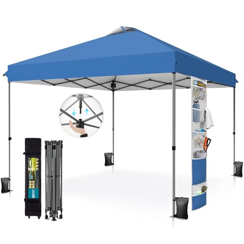 PHI VILLA 10x10 Pop Up Canopy Tent - One Push Setup Instant Shade Tent with Vented Roof for Beach & Events - Includes Storage Bag Sandbags Stakes & Ropes (Blue)