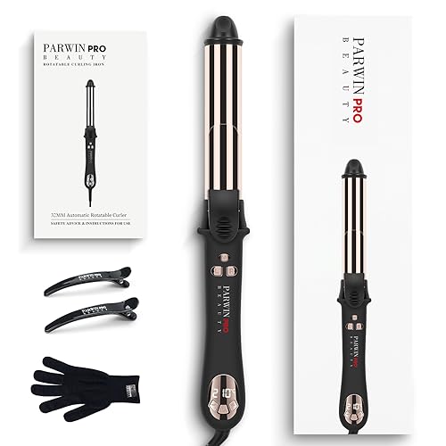 360° Rotating Automatic Hair Curler, PARWIN PRO BEAUTY 32MM Hair Curling Wand, Nano Titanium Coating Curling Tongs, Rotating Curling Iron with LCD Display, 120-210℃, Gold(32MM)