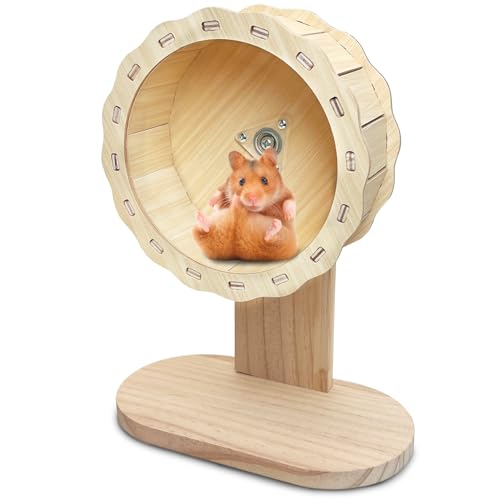 kathson Wooden Hamster Exercise Wheel 6.3 in Silent Spinning Running Wheels with Stand for Hamsters, Gerbils, Mice and Other Small Pets