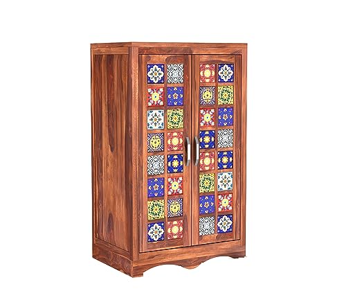 Image of Sheesham Wood Wooden 2 Door Wardrobe Organizer for Clothes | - Solid Wood Almirah with 2 Shelves - with Hanging Space Cupboard for Large Bedroom (Design 22)