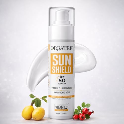 Image of ORGATRE Sun Shield SPF 50 PA++++ Sunscreen for Women & Girls, Vitamin C, Niacinamide & Hyaluronic Acid, Non-Greasy, No White Cast, Water Resistant, Face Cream for Glowing Skin & Acne Prone Skin 50gm