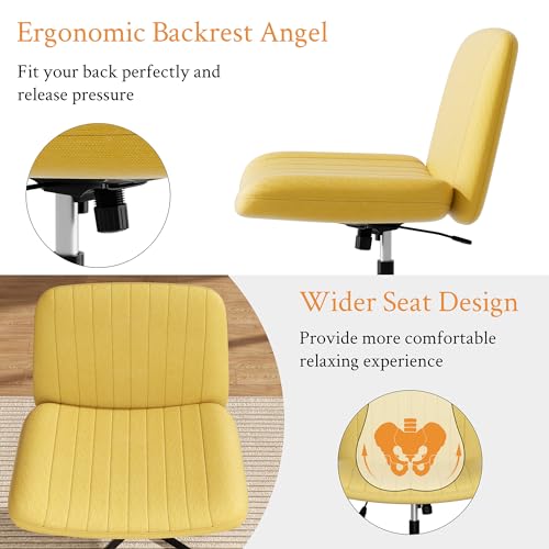 Image of Criss Cross Chair, Armless Cross Legged Office Chair No Wheels, Fabric Padded Office Chairs Height Adjustable Swivel Wide Seat Vanity Chairs for Home Office Bedroom (Yellow)