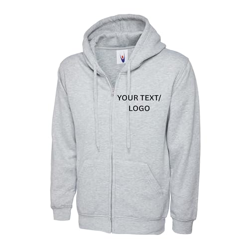 Image of sloganitto Heather Grey, 3XL, Personalised Custom Full Zip Hoodie with Text or Logo, Unisex Zip Up Hooded Sweatshirt for Workwear, Staff Uniforms, Clubs, Events and Teams