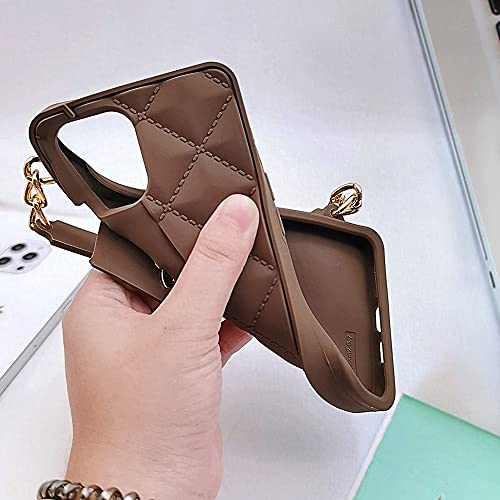 Omio for iPhone 15 Pro Max Wallet Case with Card Holder Luxury Chain Case with Long Pearl Shoulder Crossbody Lanyard Wrist Strap Soft Silicone Handbag Cover for iPhone 14 Pro Max Women Brown