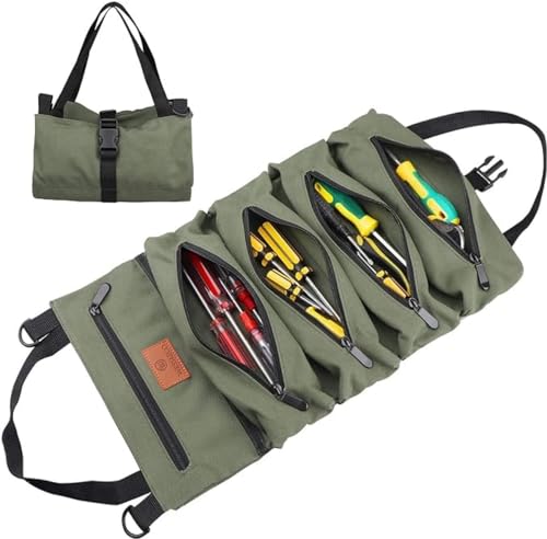Roll Up Tool Bag, 16OZ Canvas Wrench Roll Up Pouch Multi-Purpose Tool Roll Organize, 5 Zippered Tool Pockets (Green)