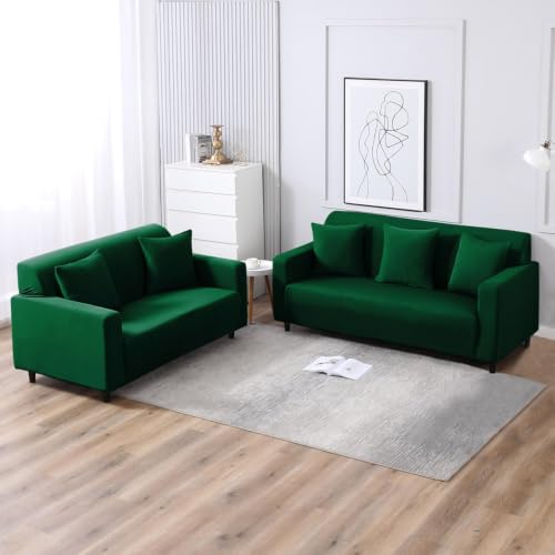 Image of HOKIPO Printed 5 Seater Fully Covered Sofa Cover in 3 Seater and 2 Seater Configuration, Bottle Green (NEW-AR-4278-E25 + AR-4279-E25)