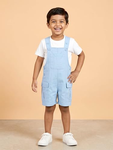 Image of KiddoPanti Unisex Denim Cargo Dungaree Shorts | 69.1% Cotton 29% Spun Poly 1.9% Spandex | Above Knee Length | Soft Breathable Summer Dungaree