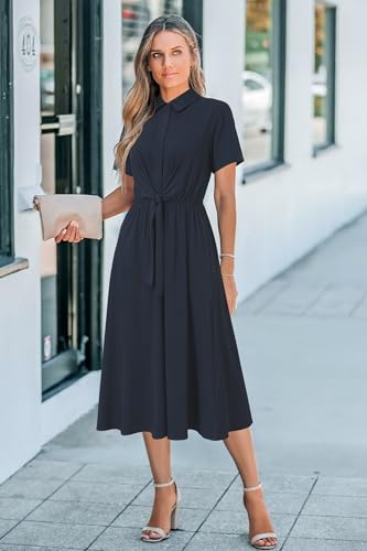 Newshows Womens Wear to Work Teacher Business Casual Outfits Long Dresses Tie Waist Shirt Dress Attire with Pockets3