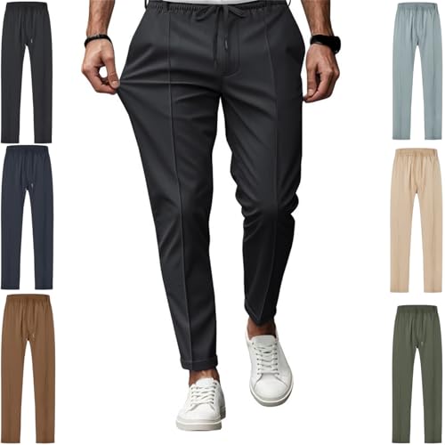 Comfort Waist Business Casual Pants Men, Slim Fit Full Elastic Waist Lightweight Loose Pull On Straight Leg Pants