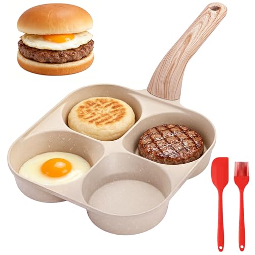 Image of yarlung 4-Cup Egg Frying Pan, Nonstick Granite Omelette Pan with Raised Handle, Deepened Grooves Pancake Skillet for Egg Burger, Breakfast, Picnic, Gas and Induction Cooktop, Oil Brush & Scraper