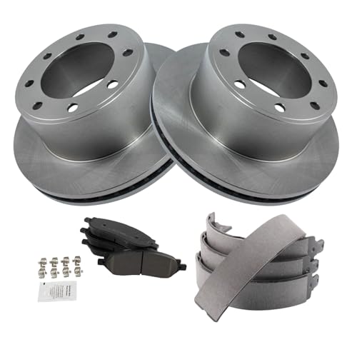 Image of TRQ Rear Brake Pad & Rotor Kit Parking Brake Shoe Set Semi-Metallic Compatible with 2005-2007 Ford F-250 Super Duty F-350 Super Duty