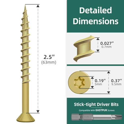 Image of Deck Screws 2-1 /2 Inch, Wood Screws #10x2-1 /2, 378 PCS 5lb, Rust Resistant Exterior Epoxy Coated Outdoor Decking Screws, Torx /Star Drive Head Deck Screw, T25 Star Bit Included, Tan by EASTPUK