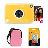 KODAK Printomatic+ Fotocamera Istantanea 10MP Kit Iniziale (Rosa) con Custodia, RGB LED e Carta Adesiva Zink 20pz – Giallo