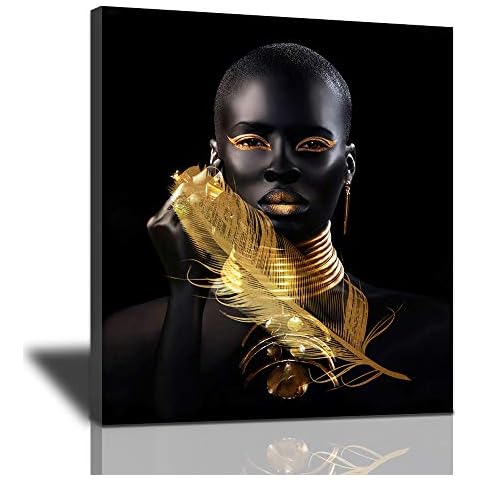 Bulldog Leather Works African American Wall Art Minimalist Painting, Abstract Gold&Black Woman Poster Portrait Artwork Modern Home Framed Ready To Hang For Living Room Bedroom Decoration 20*24 Inch Cover