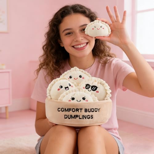 Image of Emotional Support Dumplings Plush Cute Stuff Gifts, 5 Tiny Squishy Dumplings with Carrying Basket, Best Friend Birthday Gifts for Him Friendship Bestie Adult (Dumpling)