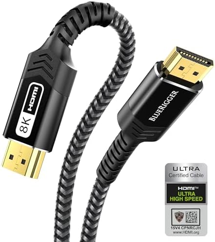BlueRigger 10K 8K Certified HDMI 2.1 Cable 48Gbps (6.6FT, 8K 60Hz, 4K 120Hz, eARC, HDR10 VRR HDCP 2.3) Certified Ultra High Speed HDMI Cable Braided Cord - For Gaming Xbox Series X Roku HDTV Monitor