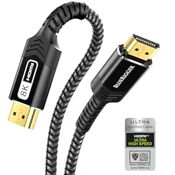 BlueRigger 10K 8K Certified HDMI 2.1 Cable 48Gbps (6.6FT, 8K 60Hz, 4K 120Hz, eARC, HDR10 VRR HDCP 2.3) Certified Ultra High Speed HDMI Cable Braided Cord - For Gaming Xbox Series X Roku HDTV Monitor