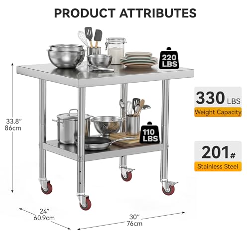 Image of DWVO 30x24in Stainless Steel Table with Adjustable Shelf & Wheels | NSF Metal Prep Worktable for Kitchen Restaurant Hotel Garage Warehouse Home Commercial