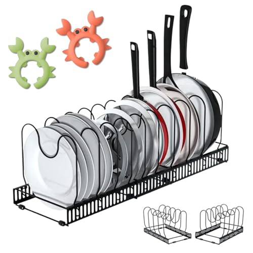 ELISPACES Organizador de Sartenes y Ollas Extensible con 10 Separadores + 2 Clips de Silicona Antiderrame - Soporte de Espátula | Soporte Ajustable para Almacenaje de Tapas, Ollas, Sartenes, Platos…